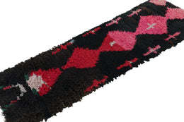 Vintage Moroccan Runner Rug In Black With Geometric Patterns