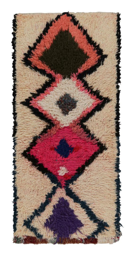 1950s Azilal Moroccan Runner In Beige With Diamond Patterns