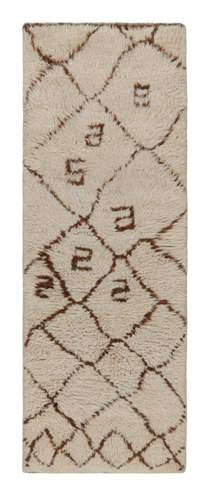 1950s Azilal Moroccan Rug In Beige With Brown Geometric Patterns