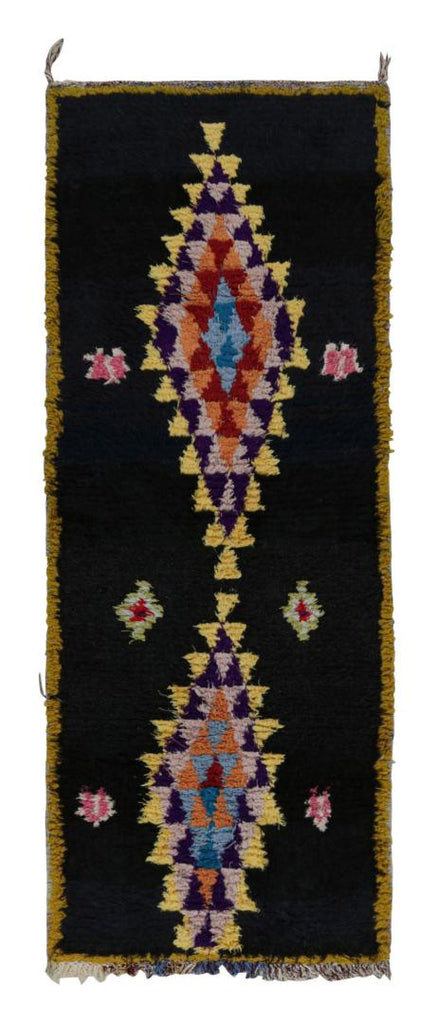 1950s Azilal Moroccan Runner Rug In Black With Medallion Patterns