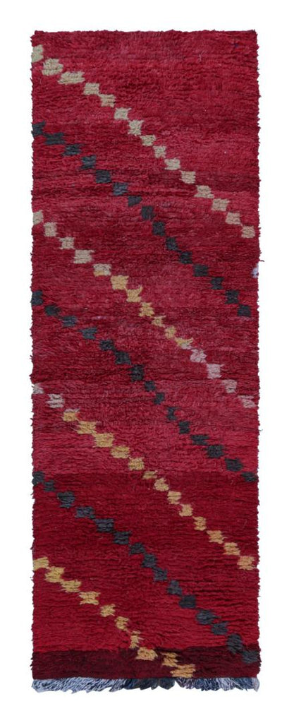 1950s Azilal Moroccan Runner Rug In Red With Geometric Patterns