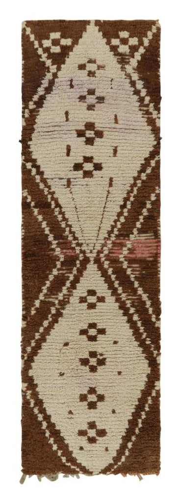 1950s Azilal Moroccan Runner Rug In Beige-Brown Tribal Patterns