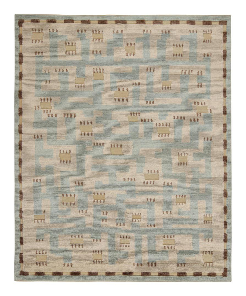 Scandinavian Rug With Blue And Beige Geometric Patterns 8x10