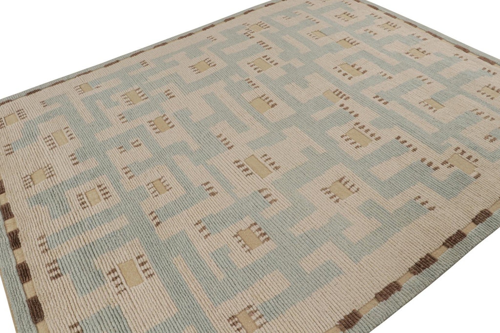 Scandinavian Rug With Blue And Beige Geometric Patterns 8x10