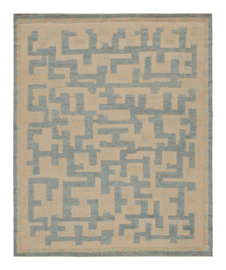 Scandinavian Rug In Beige And Blue Geometric Pattern