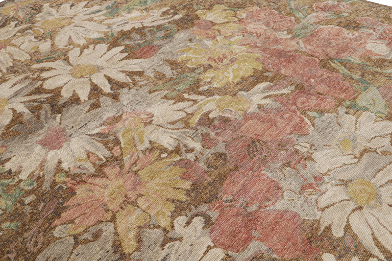 Contemporary Rug in Brown with Floral Patterns