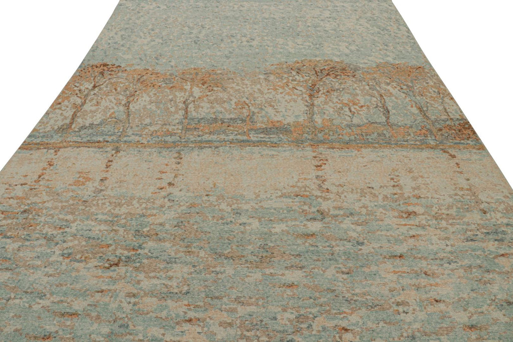 Distressed Contemporary Pictorial Rug in Blue and Amber Tones