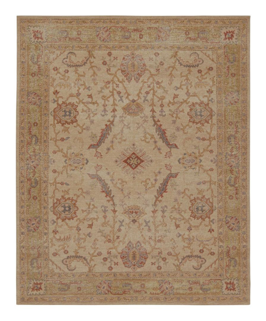 Distressed Rug in Beige-Brown and Green Geometric Patterns