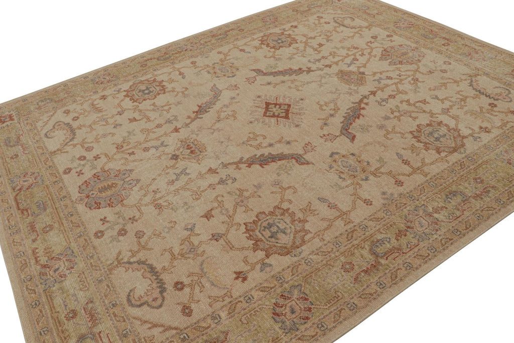 Distressed Rug in Beige-Brown and Green Geometric Patterns