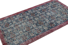 Vintage Runner Rug In Blue And Burgundy With Floral Patterns