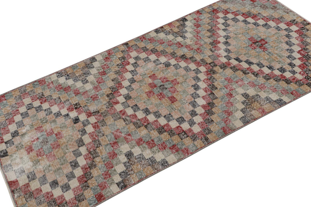 Vintage Polychromatic Runner Rug With Geometric Patterns