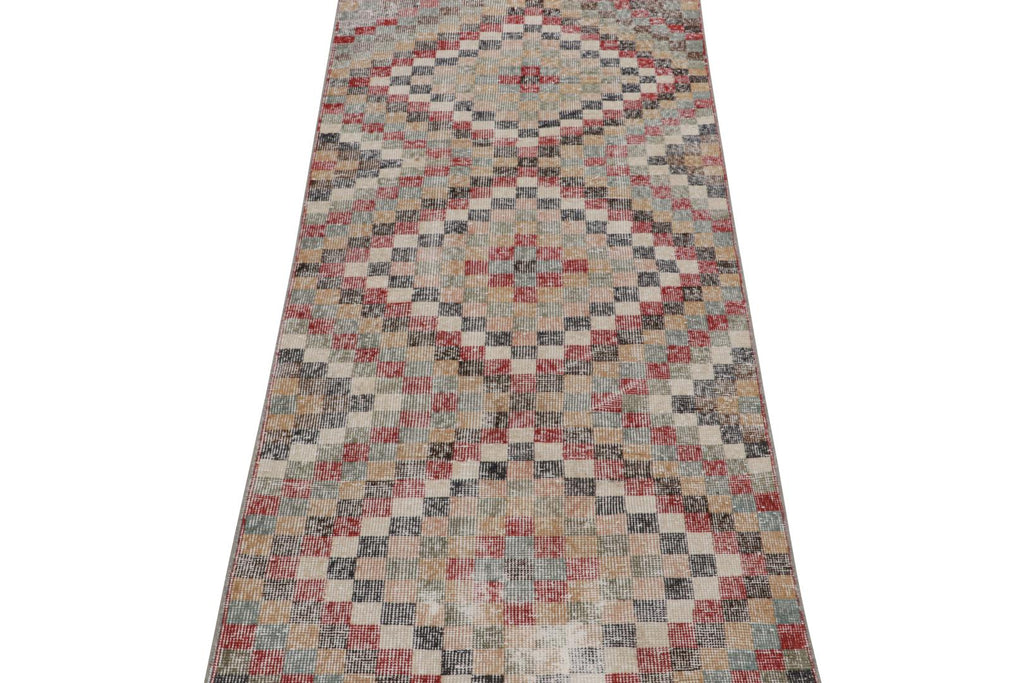 Vintage Polychromatic Runner Rug With Geometric Patterns