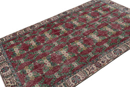 Vintage Zeki Muren Rug In Burgundy With Teal Floral Patterns