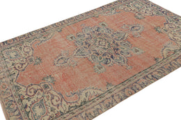 Vintage Turkish Rug In Salmon Red With Floral Medallion