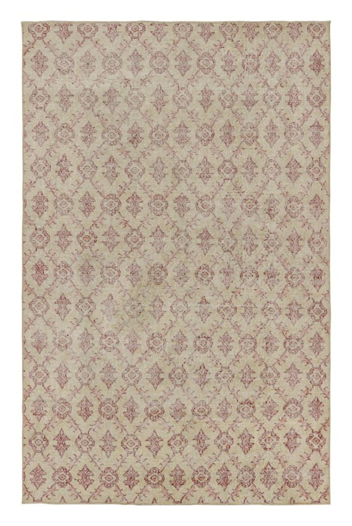 Vintage Zeki Muren Rug In Beige With Red Lattice Patterns