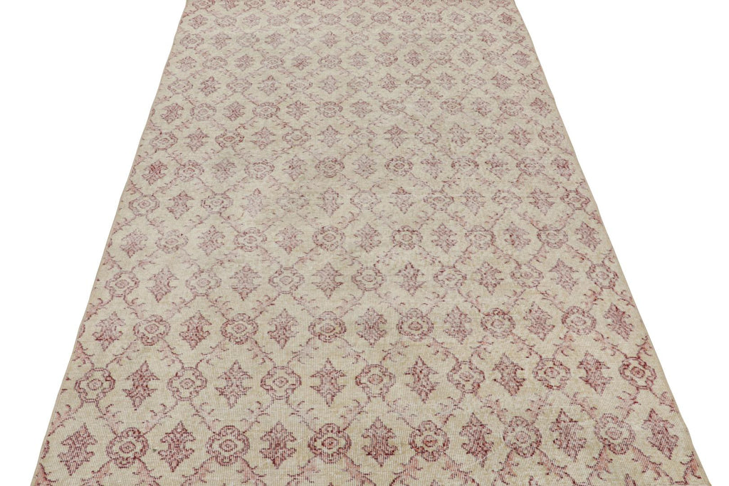 Vintage Zeki Muren Rug In Beige With Red Lattice Patterns