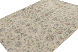 Vintage Transitional Rug In Beige With Green Floral Pattern