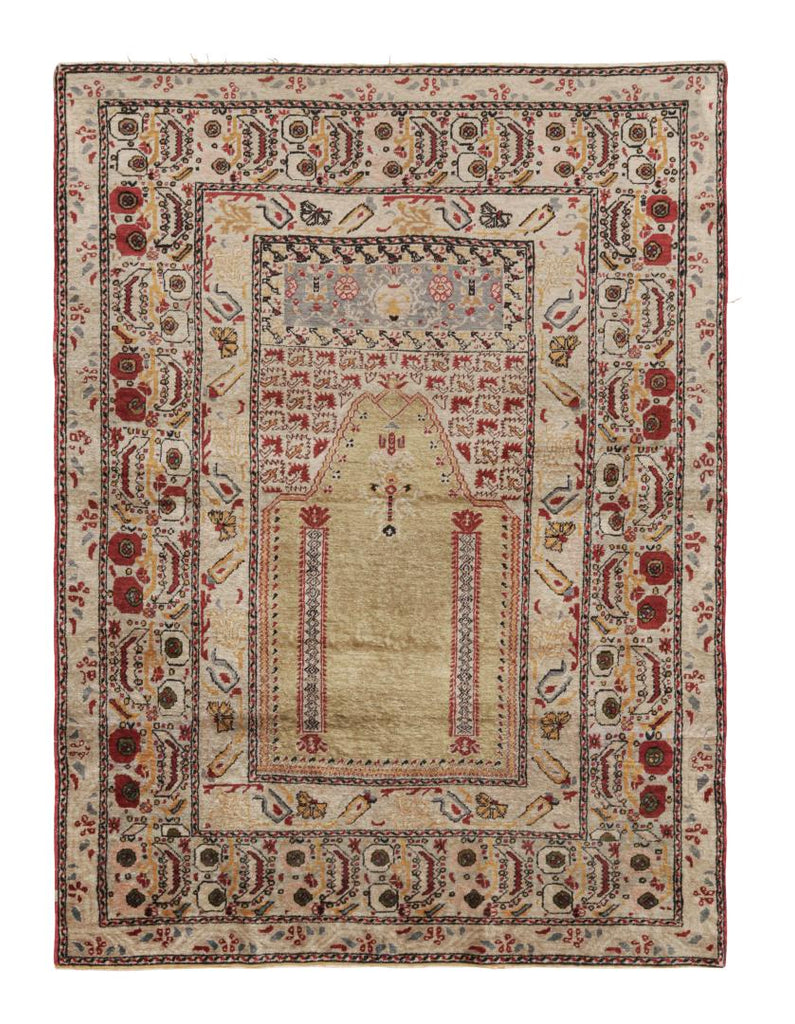 Antique Turkish Mihrab Rug In Gold With Geometric Patterns