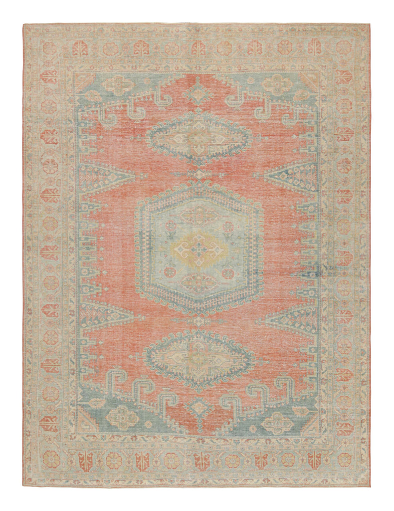 Vintage Turkish Oushak Rug In Red With Blue Medallions