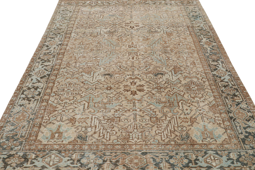 Vintage Turkish Rug In Beige Brown And Blue Geometric Patterns