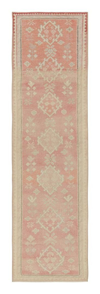 Vintage Oushak Runner Rug In Pink With Geometric Patterns