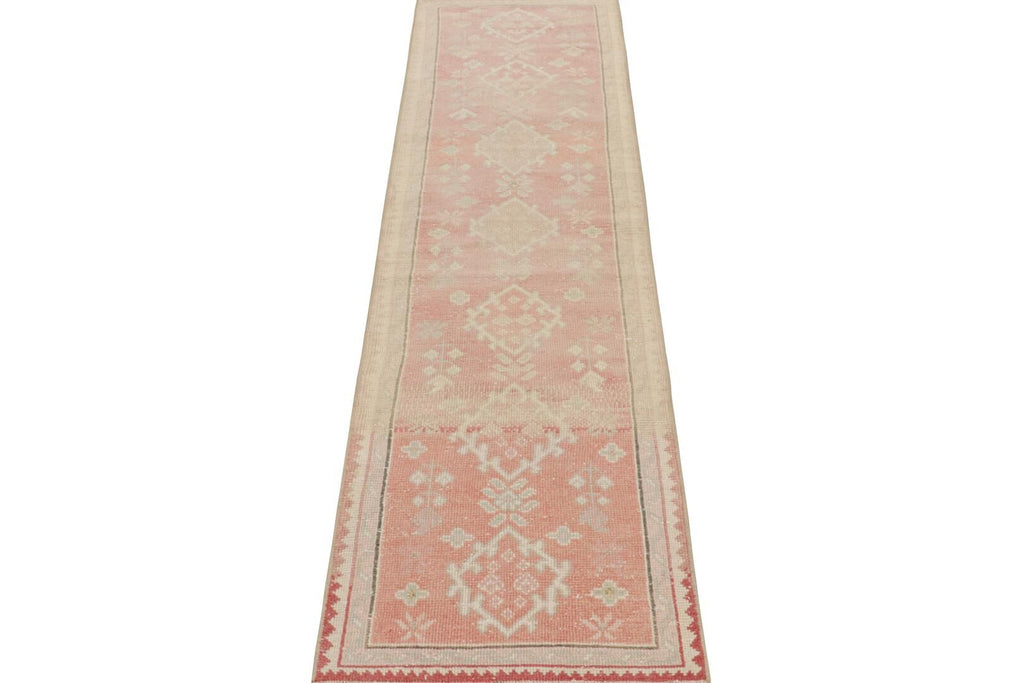 Vintage Oushak Runner Rug In Pink With Geometric Patterns