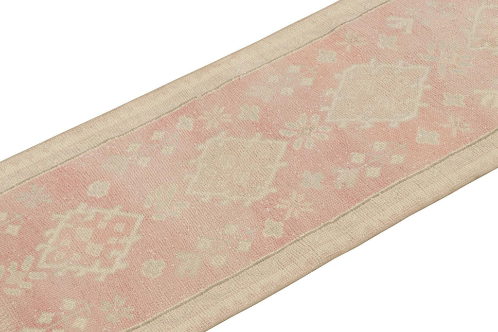 Vintage Oushak Runner Rug In Pink With Geometric Patterns