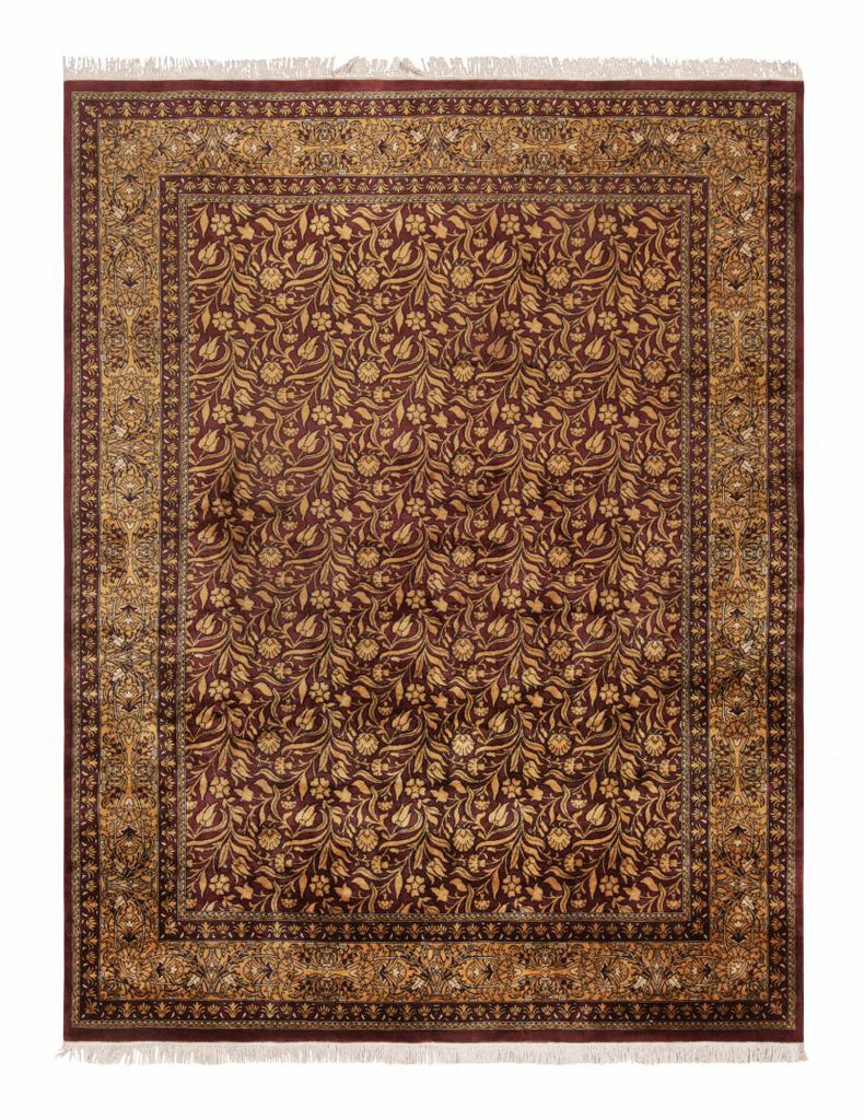 Modern Lavar Style Rug in Burgundy and Gold All Over Floral Pattern