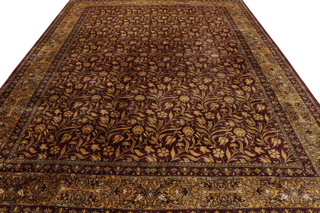 Modern Lavar Style Rug in Burgundy and Gold All Over Floral Pattern