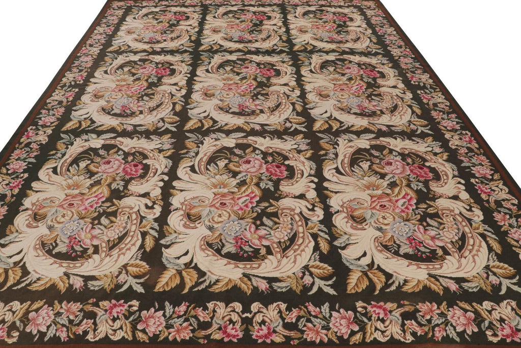 Rug & Kilim’s French Needlepoint Rug in Rich Brown with All-Over Floral Patterns