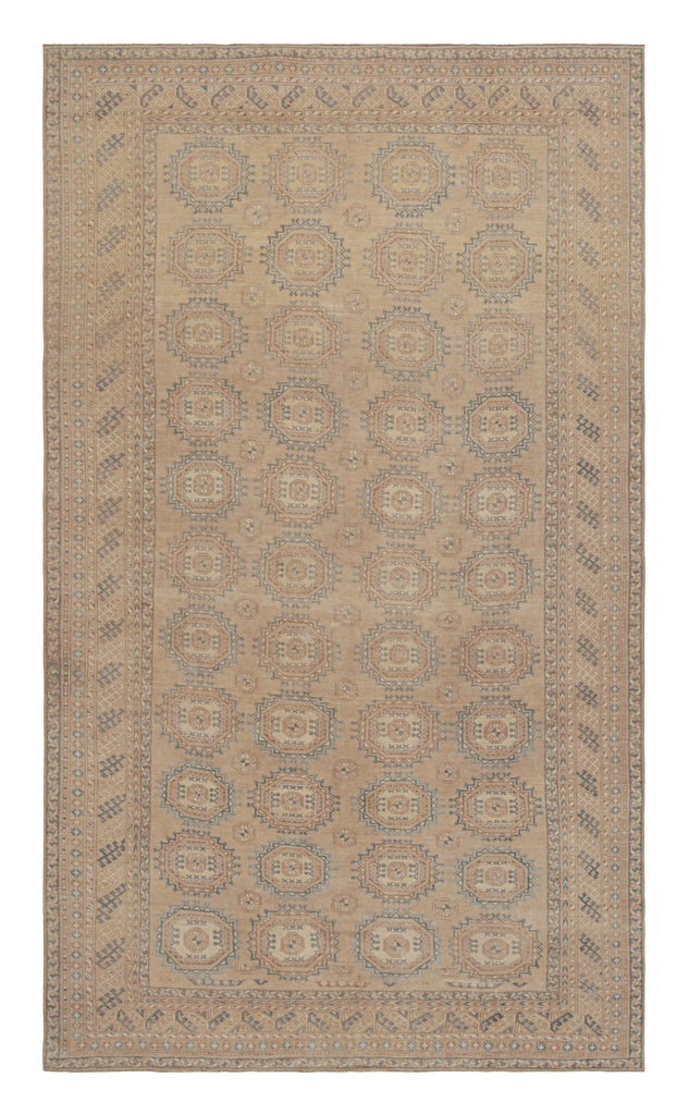 Vintage Ersari Rug In Beige Brown And Blue With Geometric Patterns