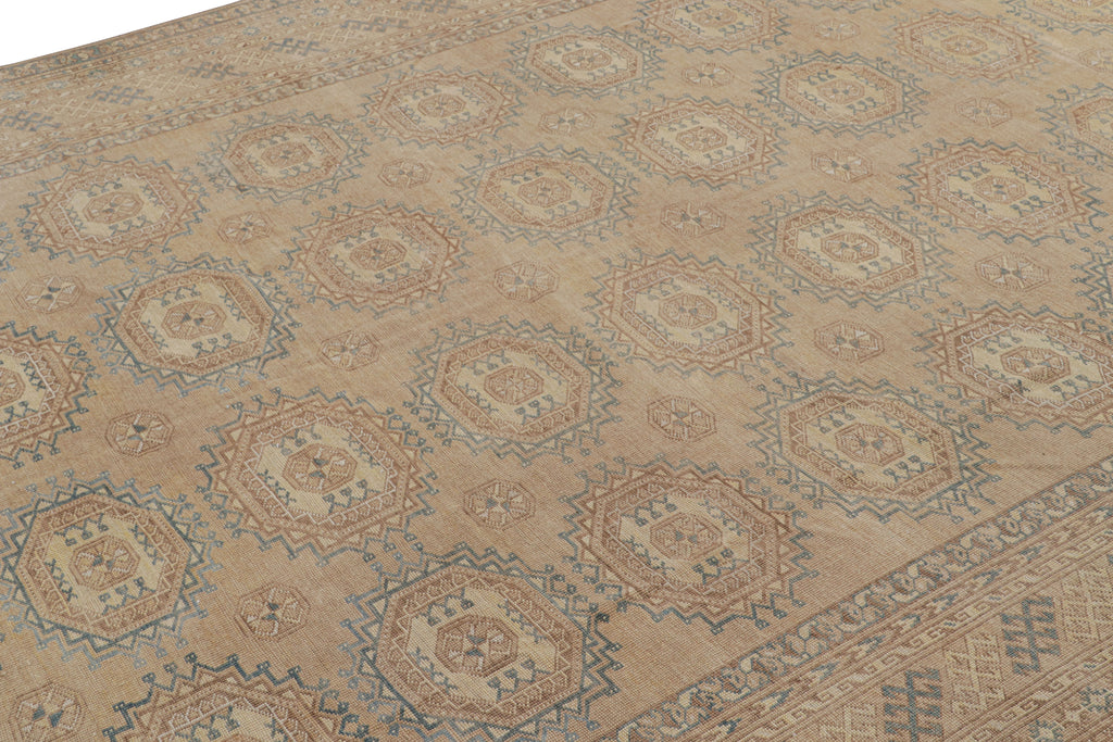 Vintage Ersari Rug In Beige Brown And Blue With Geometric Patterns