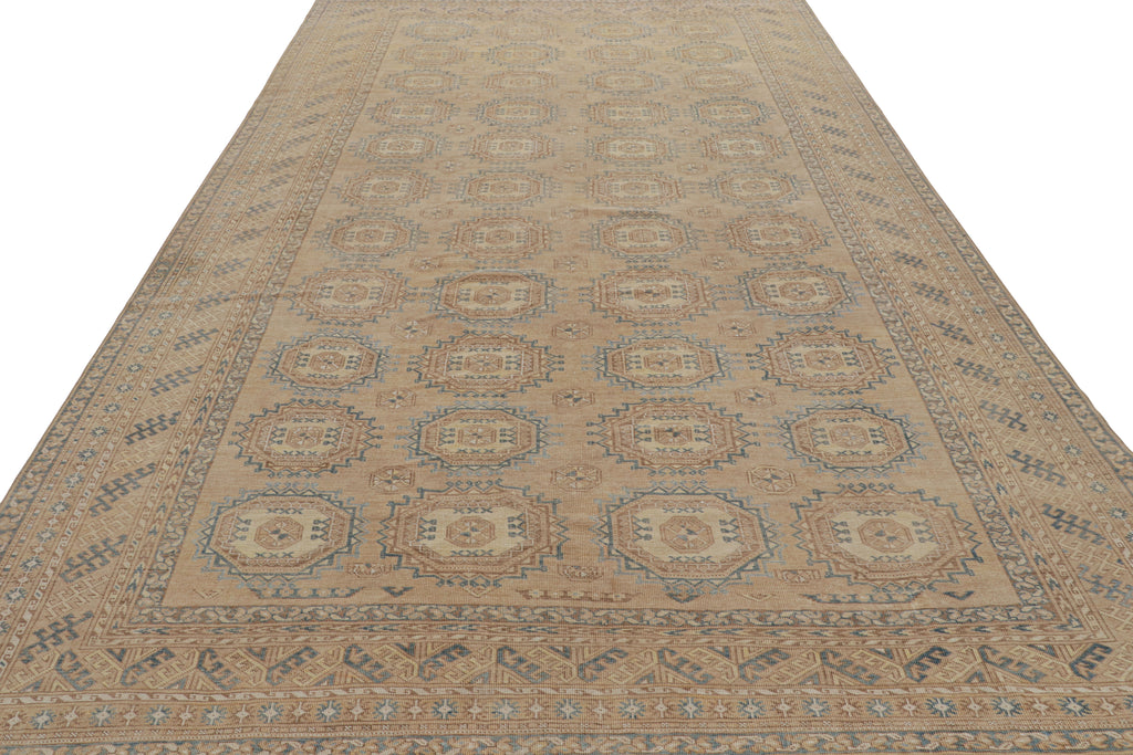 Vintage Ersari Rug In Beige Brown And Blue With Geometric Patterns