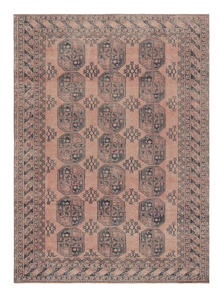 Vintage Ersari Rug In Pink And Blue With Geometric Patterns