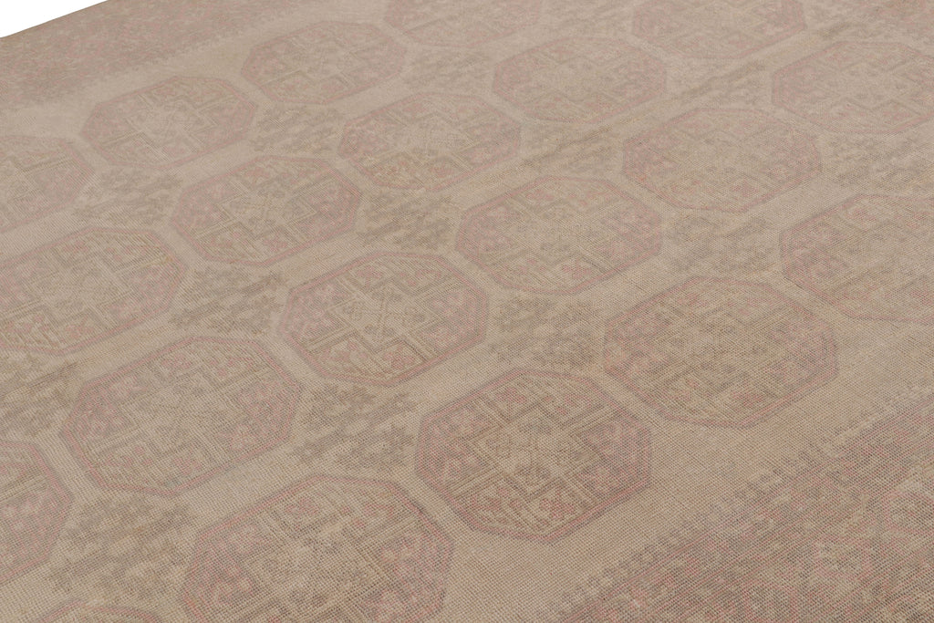 Vintage Ersari Rug In Pink And Beige/Brown With Geometric Patterns