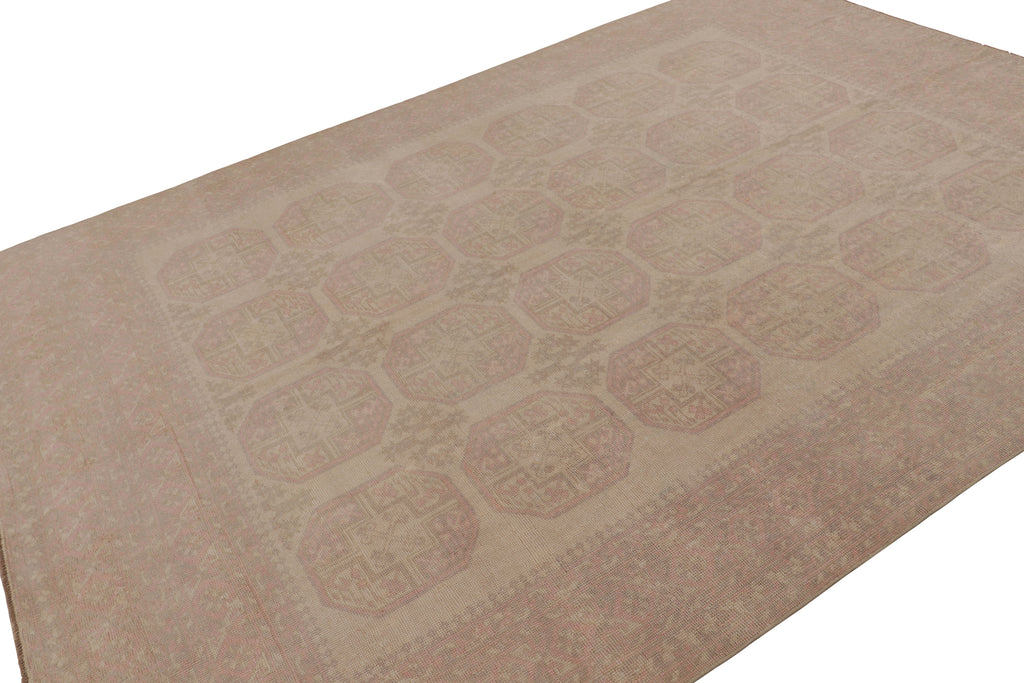 Vintage Ersari Rug In Pink And Beige/Brown With Geometric Patterns