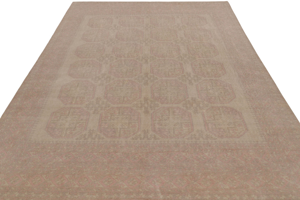 Vintage Ersari Rug In Pink And Beige/Brown With Geometric Patterns