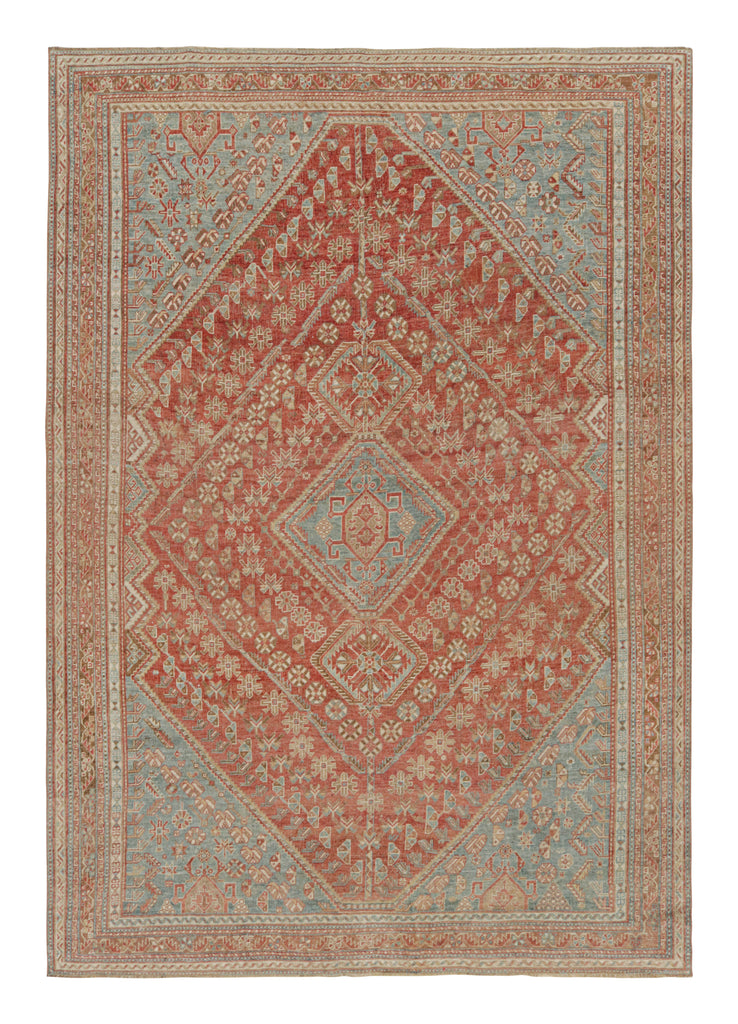 Vintage Ersari Rug In Red With Blue And Beige Brown Patterns