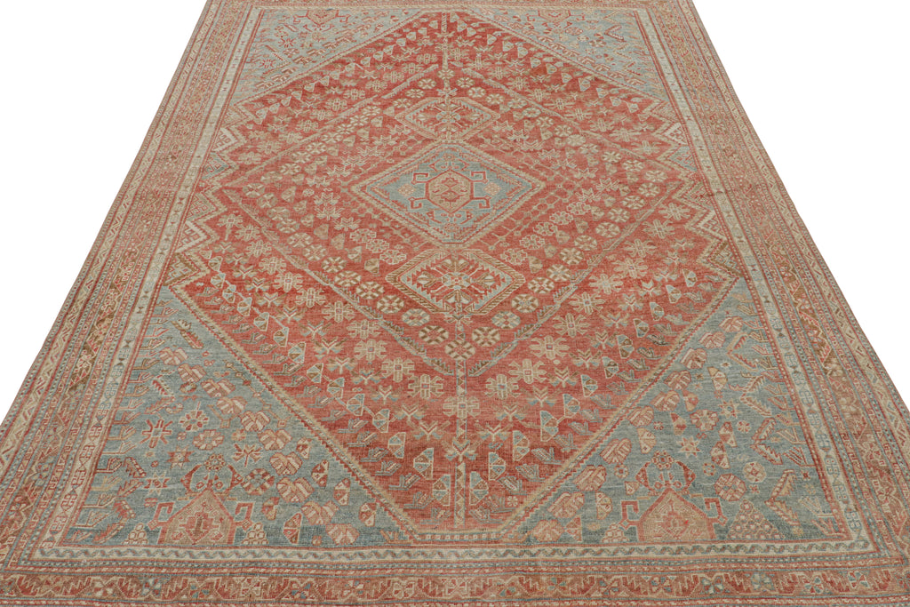 Vintage Ersari Rug In Red With Blue And Beige Brown Patterns