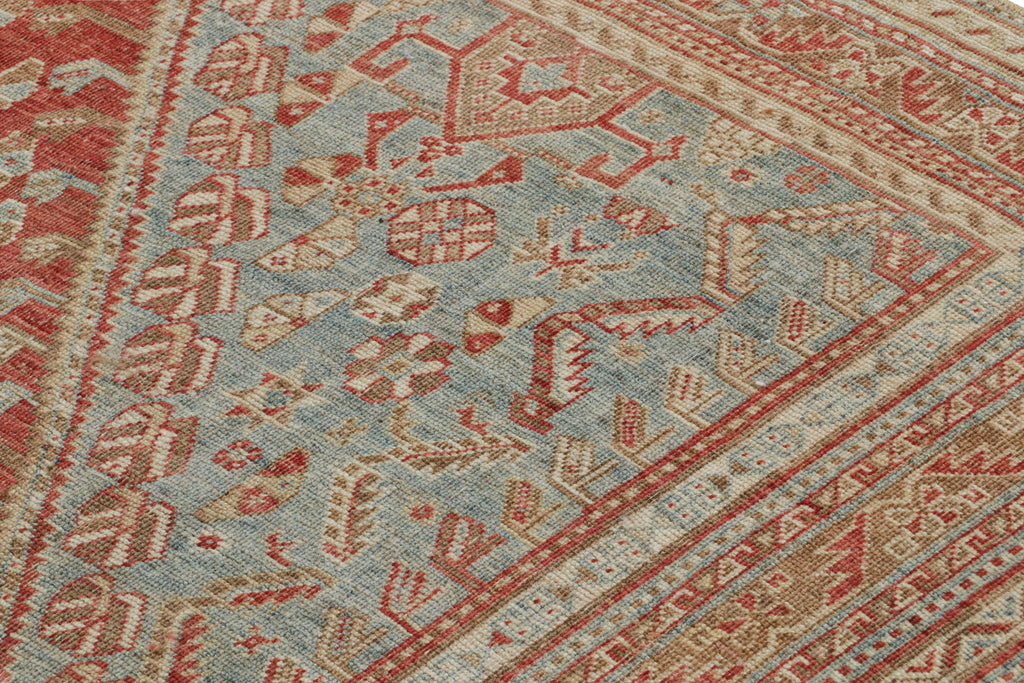 Vintage Ersari Rug In Red With Blue And Beige Brown Patterns