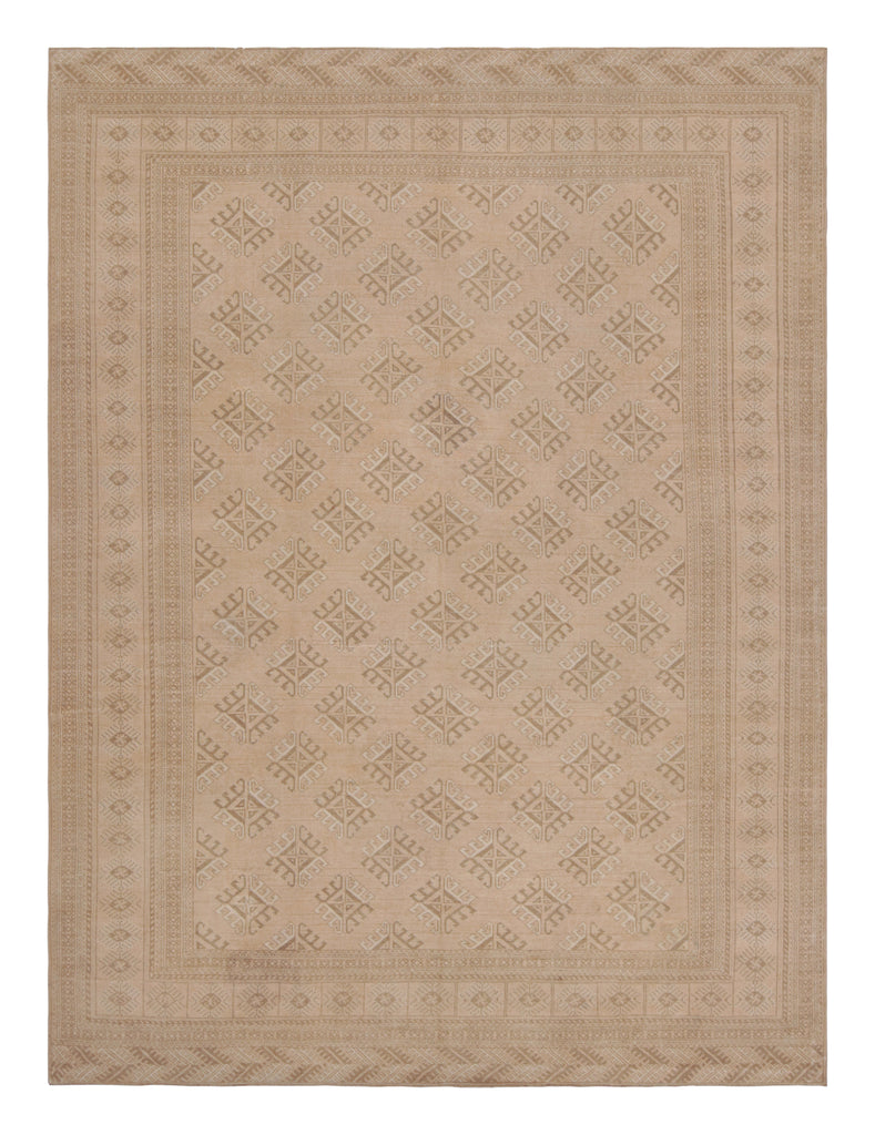 Vintage Ersari Rug In Pink With Beige Brown Geometric Patterns