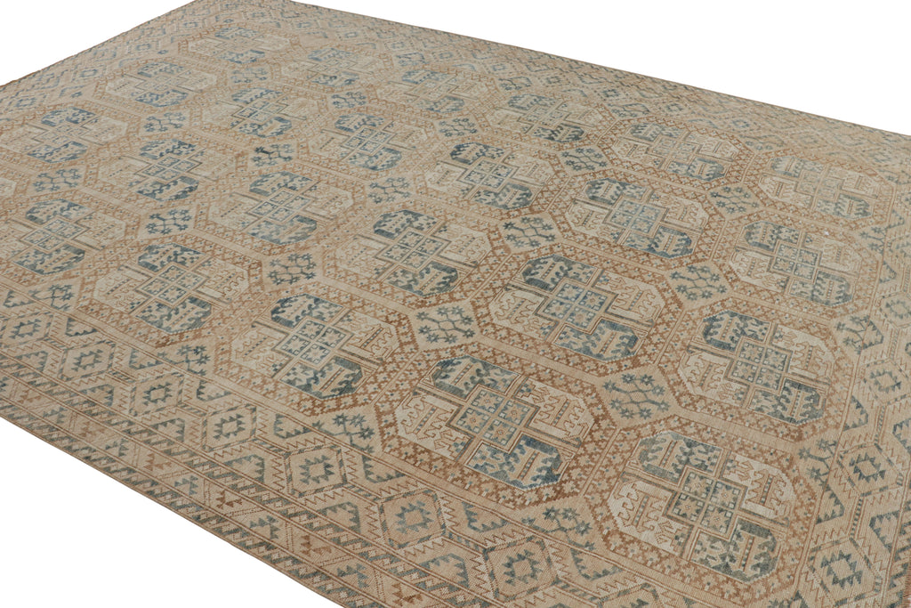 Vintage Ersari Rug With Beige Brown And Blue Geometric Medallion