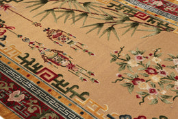 Chinese Art Deco Style Rug in Gold with Florals and Pictorials