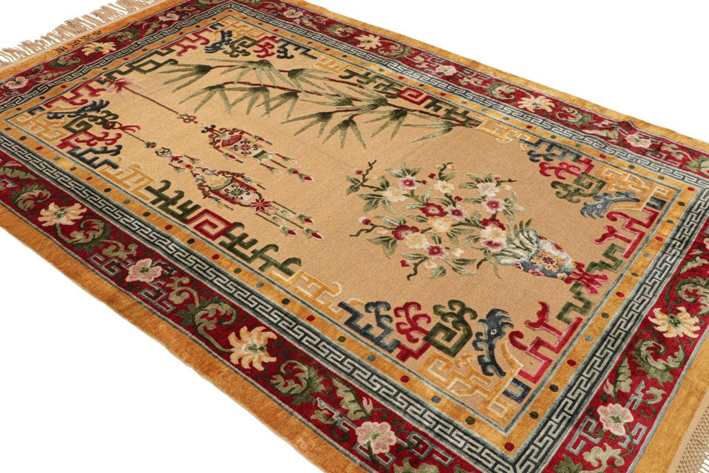 Chinese Art Deco Style Rug in Gold with Florals and Pictorials