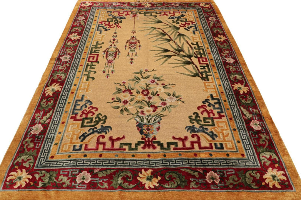 Chinese Art Deco Style Rug in Gold with Florals and Pictorials