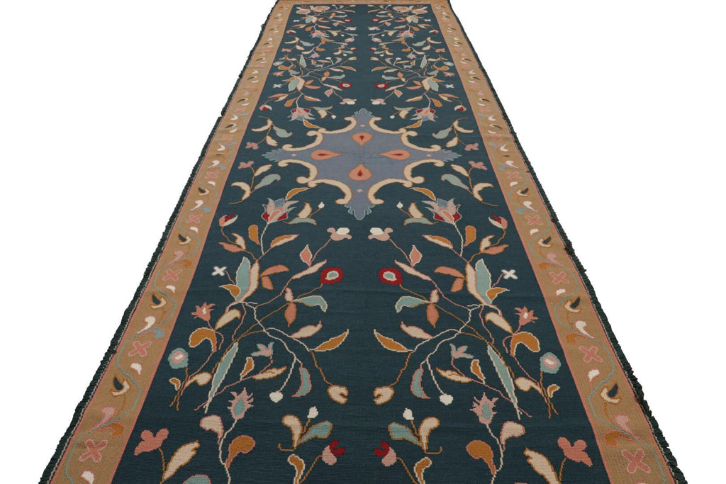 Portuguese Runner Rug in Blue with Floral Patterns