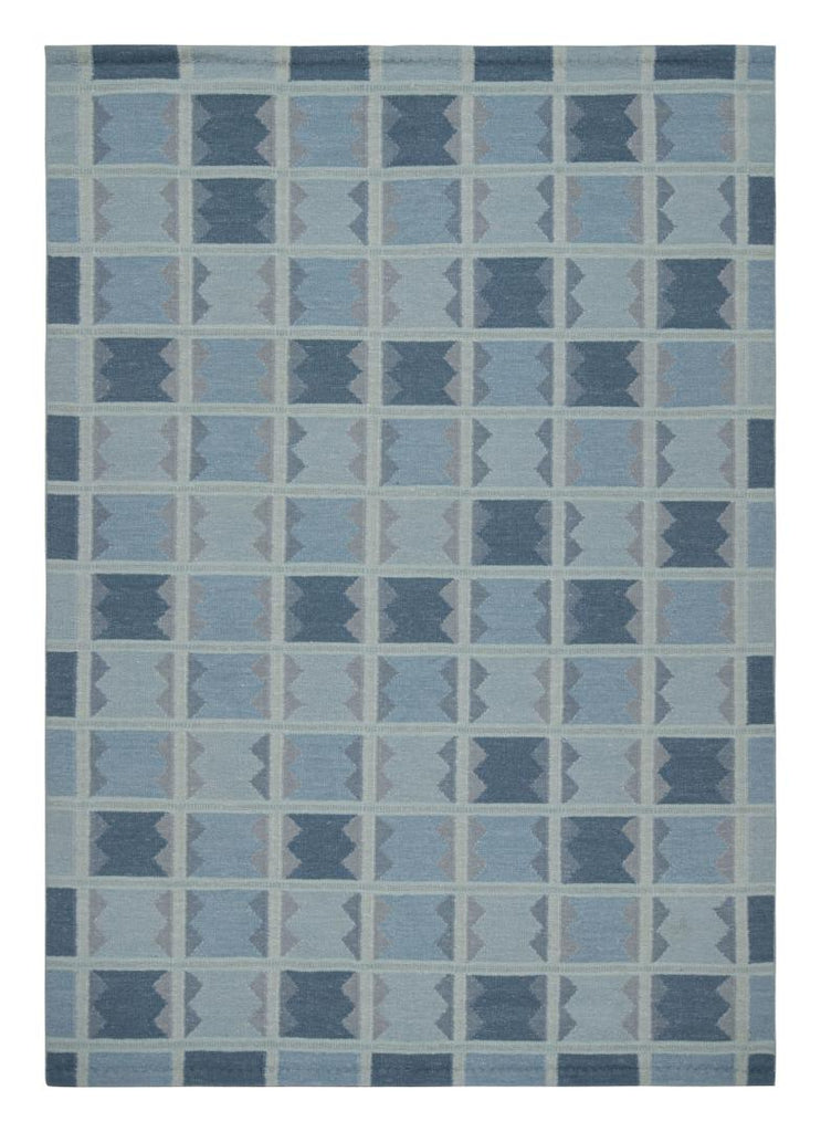 Scandinavian Style Rug with Navy and Sky Blue Geometric Patterns