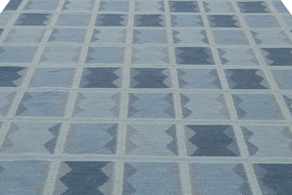 Scandinavian Style Rug with Navy and Sky Blue Geometric Patterns