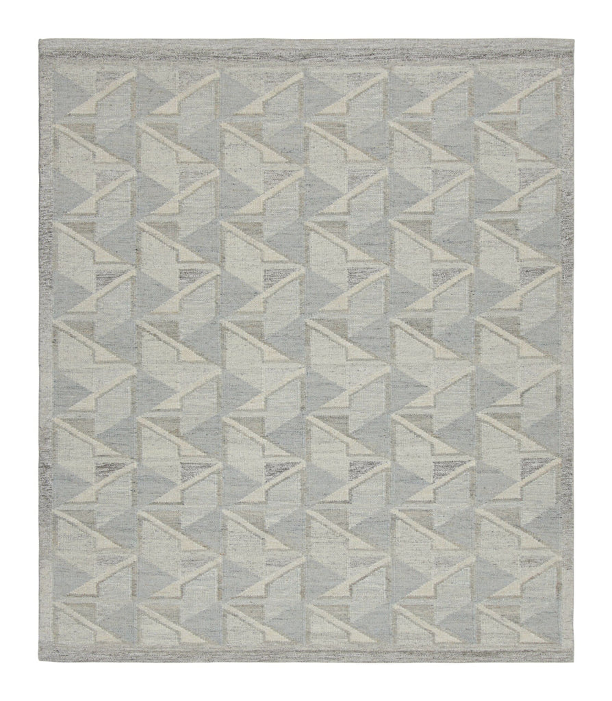 Scandinavian Rug In Blue With Gray And White Geometric Patterns