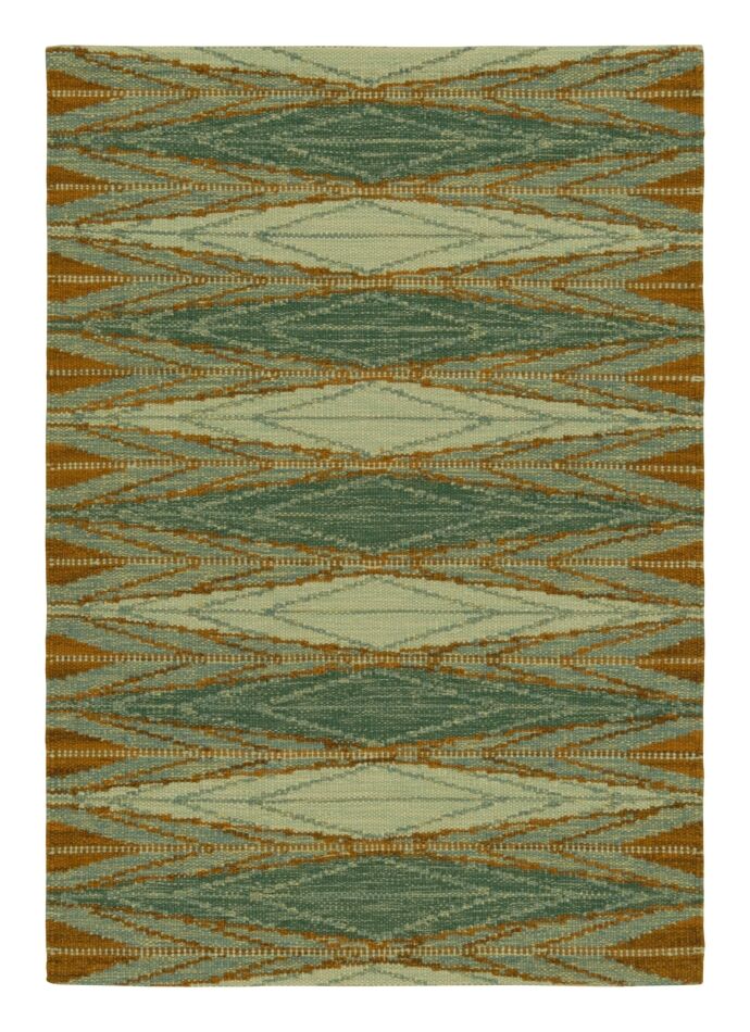 Scandinavian Rug In Green With Orange Geometric Patterns